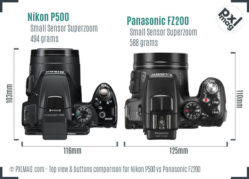Nikon P500 vs Panasonic FZ200 top view buttons comparison
