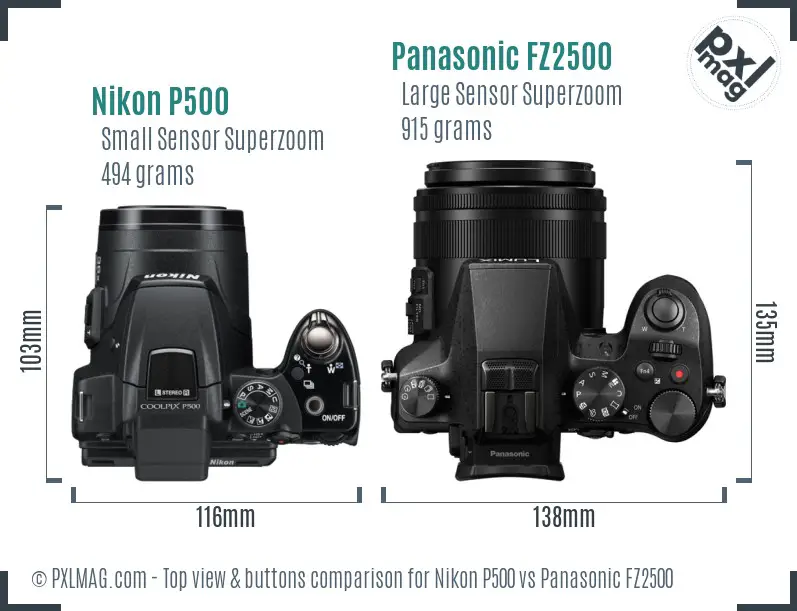 Nikon P500 vs Panasonic FZ2500 top view buttons comparison