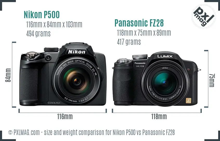 Nikon P500 vs Panasonic FZ28 size comparison