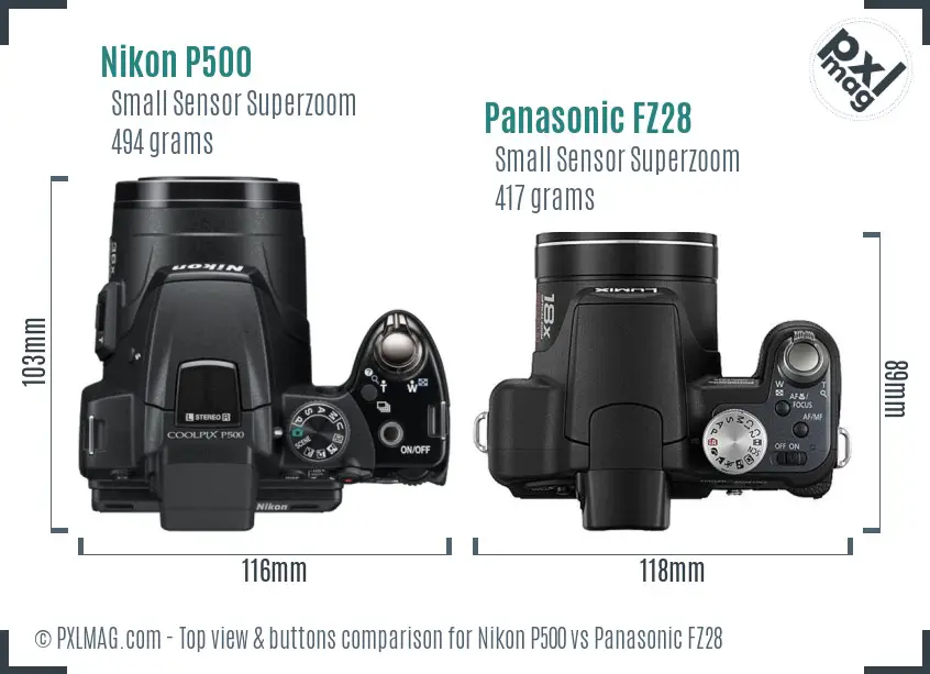 Nikon P500 vs Panasonic FZ28 top view buttons comparison