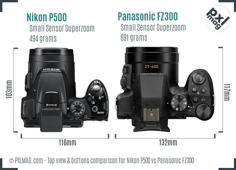 Nikon P500 vs Panasonic FZ300 top view buttons comparison