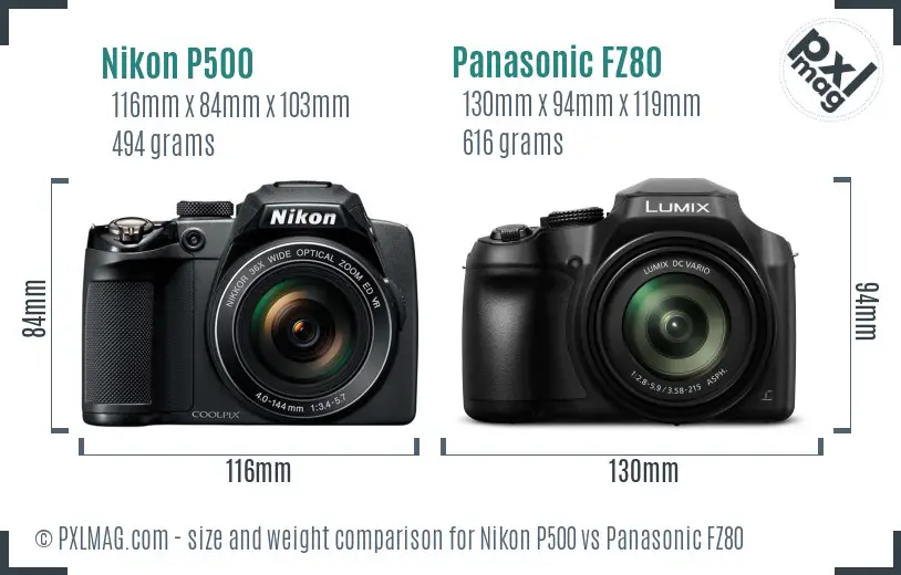 Nikon P500 vs Panasonic FZ80 size comparison