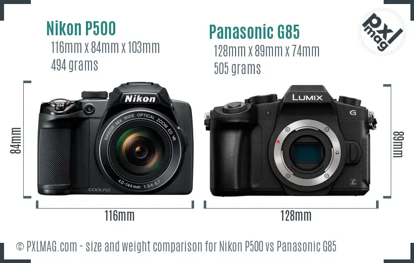 Nikon P500 vs Panasonic G85 size comparison