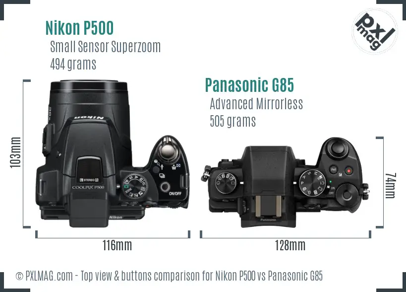 Nikon P500 vs Panasonic G85 top view buttons comparison