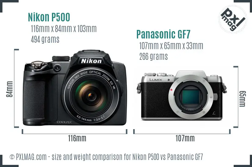 Nikon P500 vs Panasonic GF7 size comparison