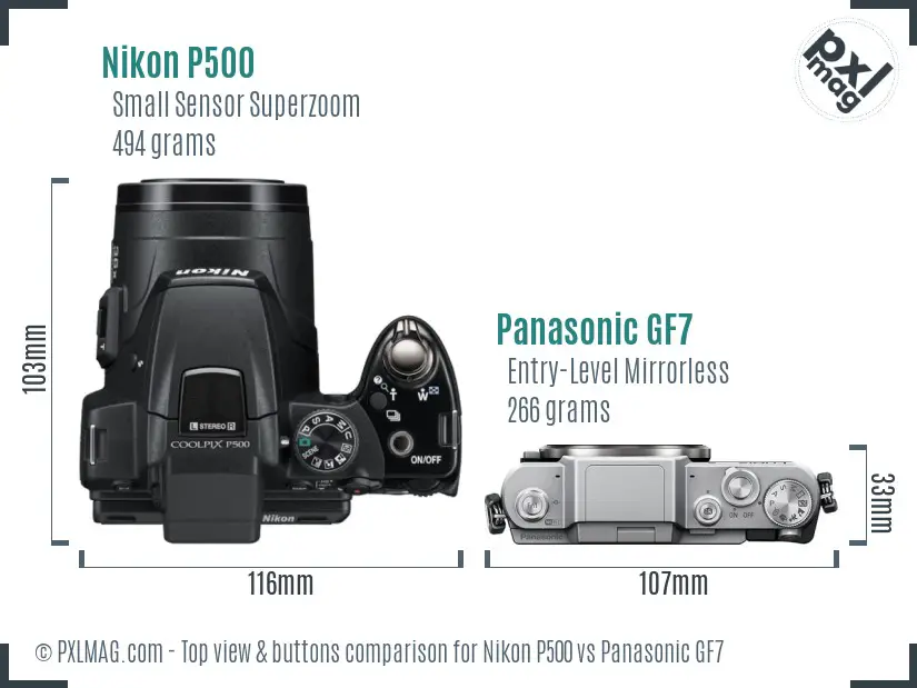 Nikon P500 vs Panasonic GF7 top view buttons comparison