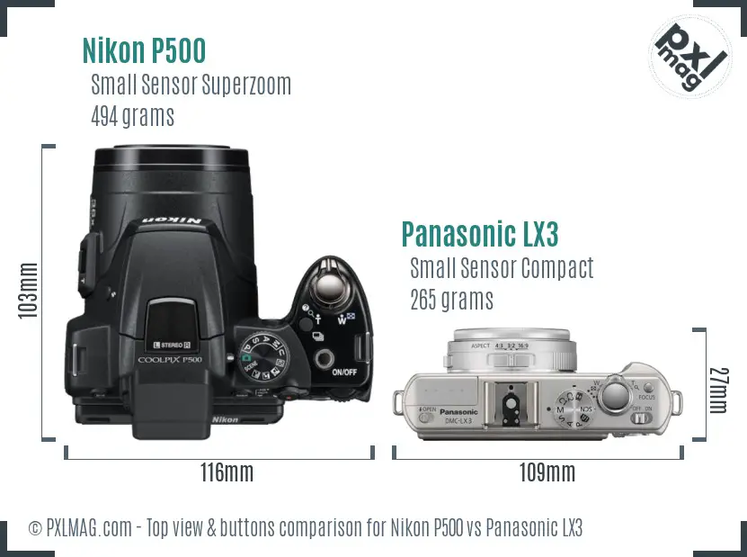 Nikon P500 vs Panasonic LX3 top view buttons comparison