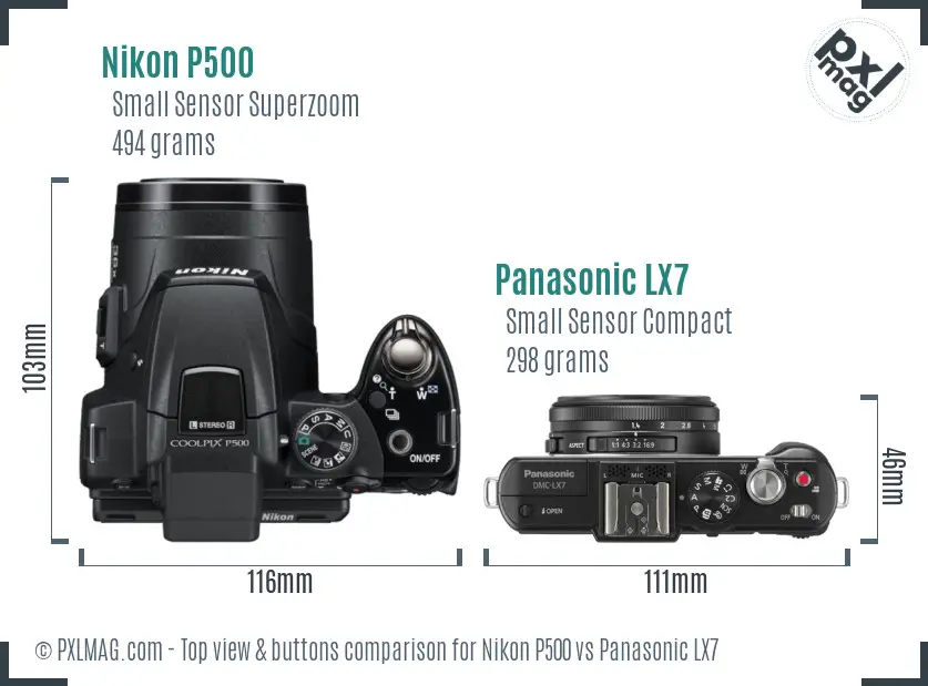 Nikon P500 vs Panasonic LX7 top view buttons comparison