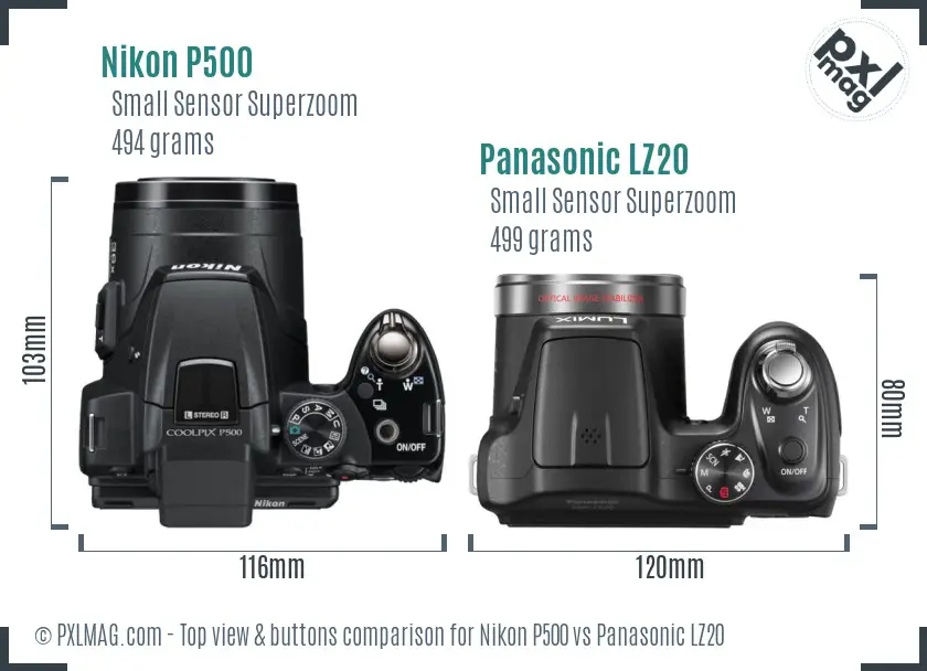 Nikon P500 vs Panasonic LZ20 top view buttons comparison