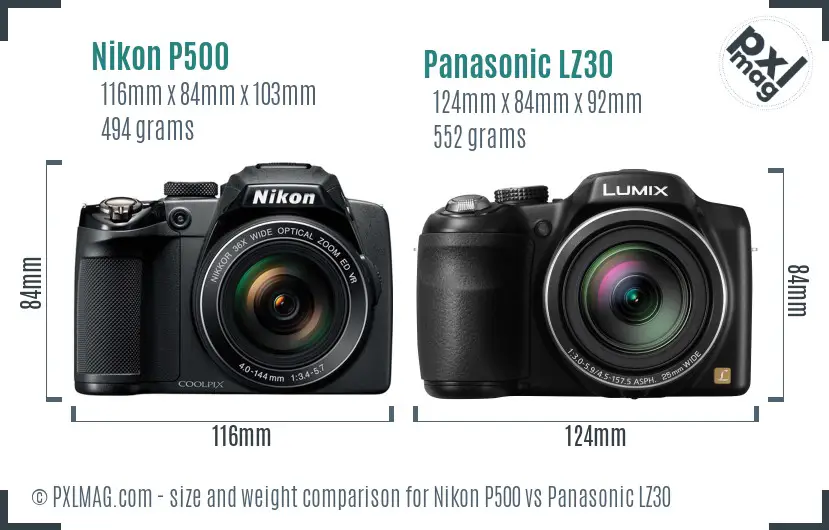 Nikon P500 vs Panasonic LZ30 size comparison