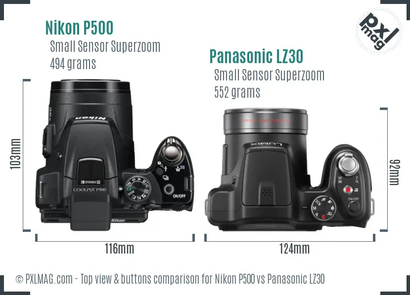 Nikon P500 vs Panasonic LZ30 top view buttons comparison