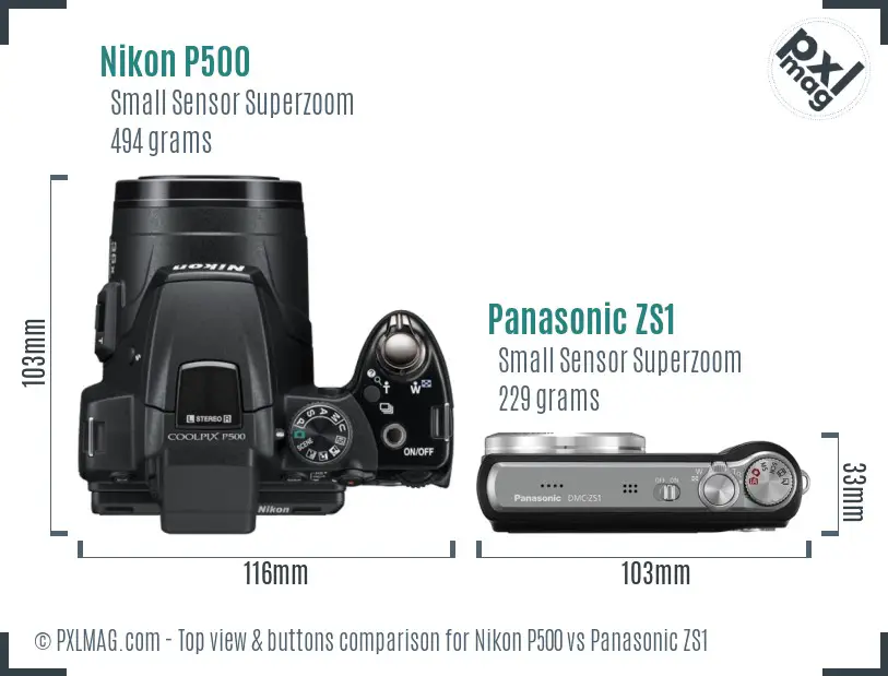 Nikon P500 vs Panasonic ZS1 top view buttons comparison