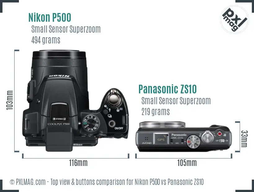Nikon P500 vs Panasonic ZS10 top view buttons comparison