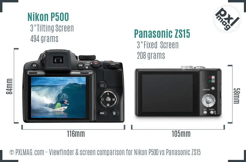 Nikon P500 vs Panasonic ZS15 Screen and Viewfinder comparison