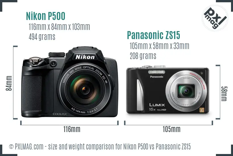 Nikon P500 vs Panasonic ZS15 size comparison