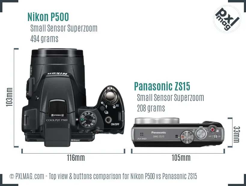 Nikon P500 vs Panasonic ZS15 top view buttons comparison