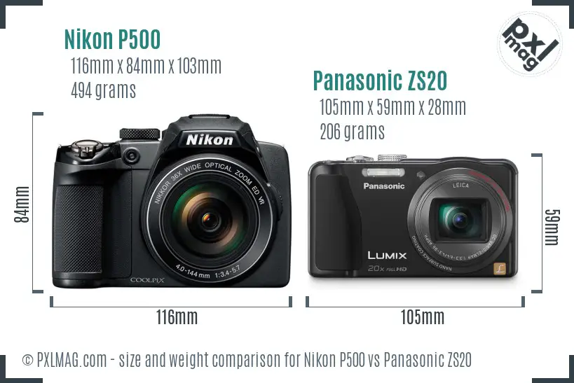 Nikon P500 vs Panasonic ZS20 size comparison