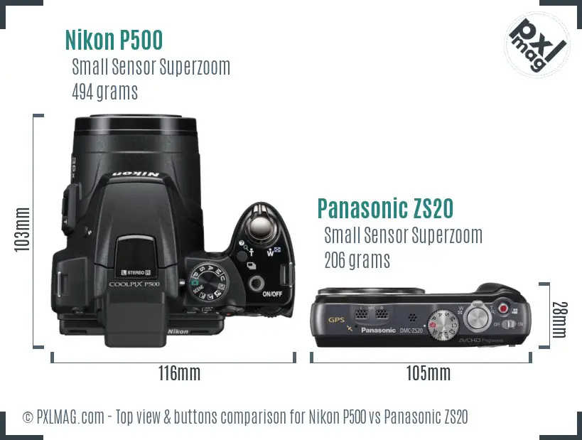 Nikon P500 vs Panasonic ZS20 top view buttons comparison