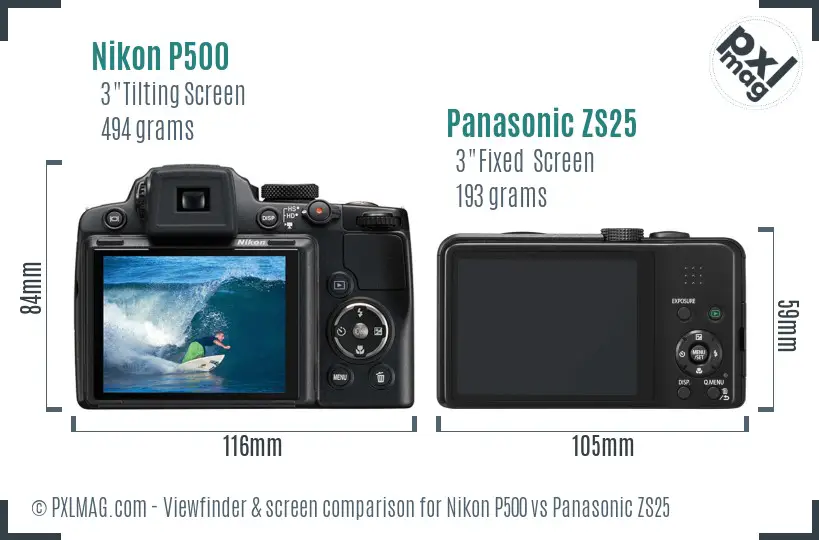 Nikon P500 vs Panasonic ZS25 Screen and Viewfinder comparison