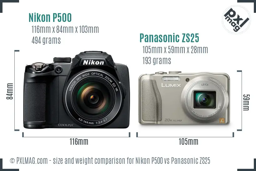 Nikon P500 vs Panasonic ZS25 size comparison