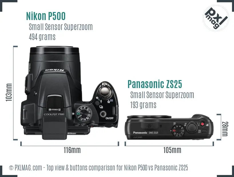 Nikon P500 vs Panasonic ZS25 top view buttons comparison