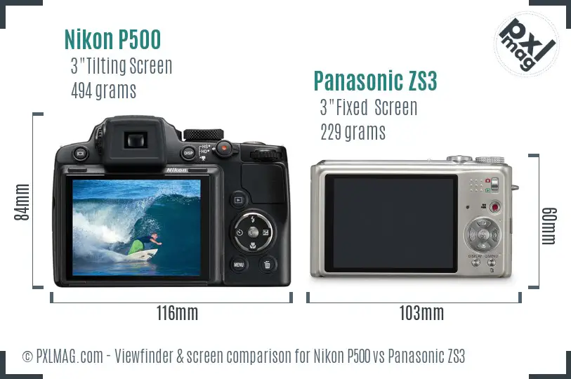 Nikon P500 vs Panasonic ZS3 Screen and Viewfinder comparison