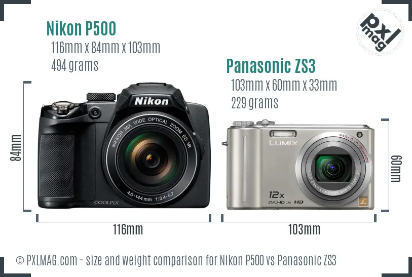 Nikon P500 vs Panasonic ZS3 size comparison