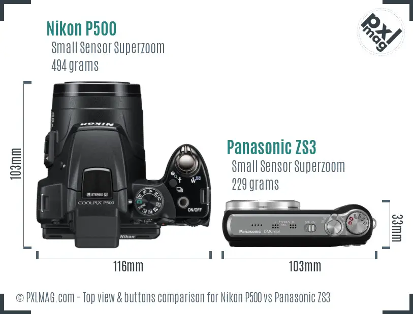 Nikon P500 vs Panasonic ZS3 top view buttons comparison
