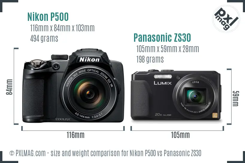 Nikon P500 vs Panasonic ZS30 size comparison