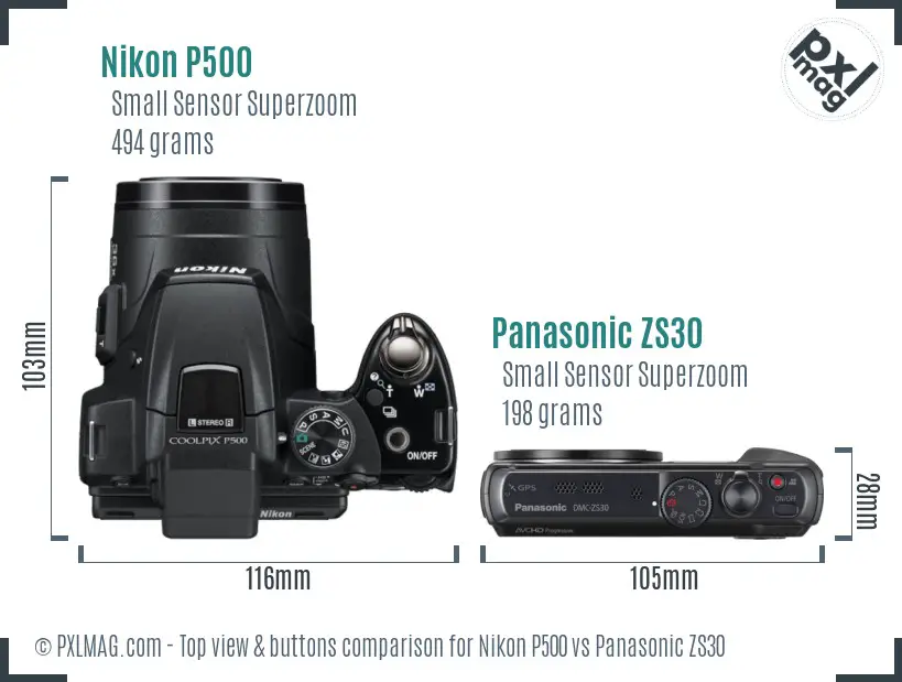 Nikon P500 vs Panasonic ZS30 top view buttons comparison