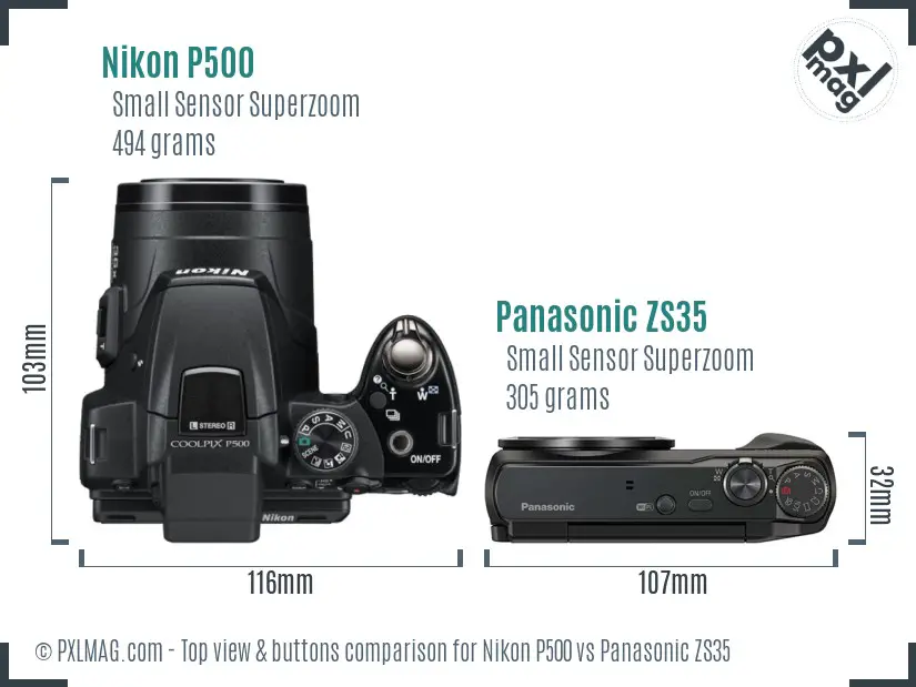 Nikon P500 vs Panasonic ZS35 top view buttons comparison Nikon P500 vs Panasonic ZS35 top view buttons comparison