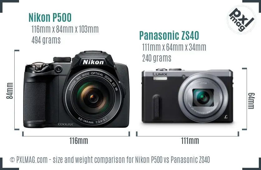 Nikon P500 vs Panasonic ZS40 size comparison