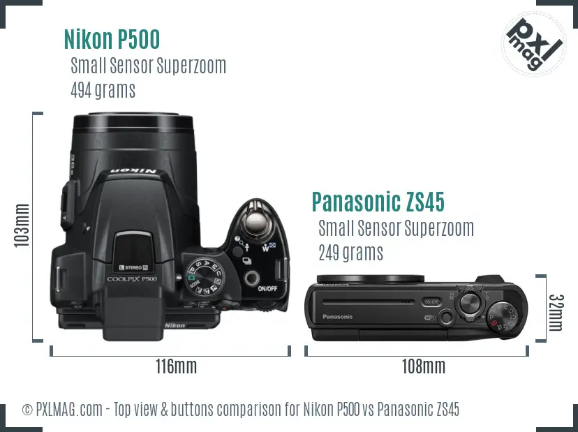 Nikon P500 vs Panasonic ZS45 top view buttons comparison