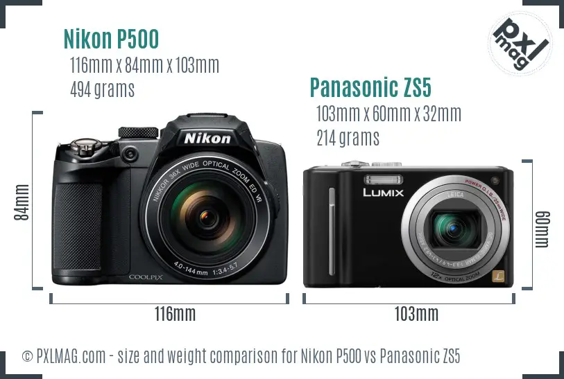 Nikon P500 vs Panasonic ZS5 size comparison