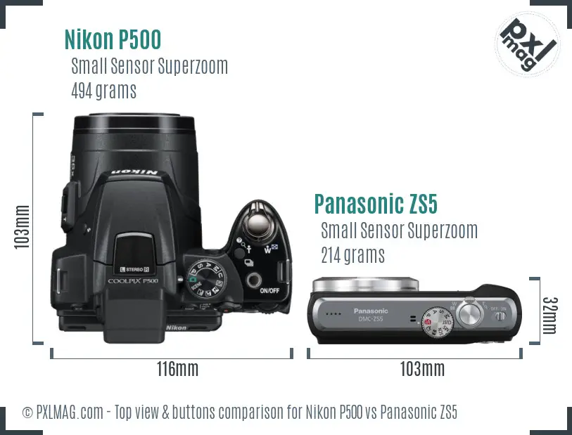 Nikon P500 vs Panasonic ZS5 top view buttons comparison