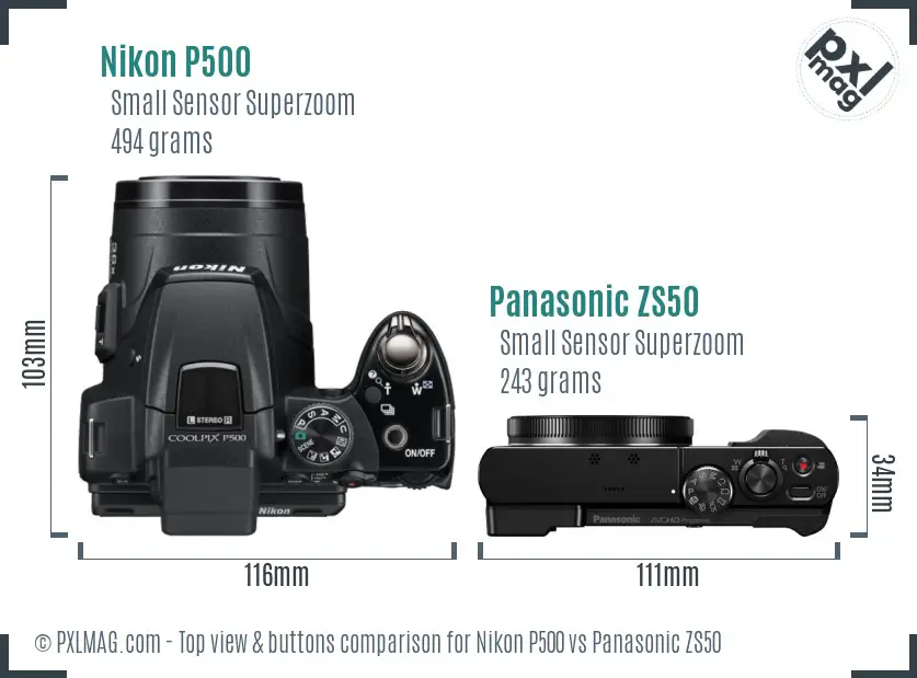 Nikon P500 vs Panasonic ZS50 top view buttons comparison Nikon P500 vs Panasonic ZS50 top view buttons comparison