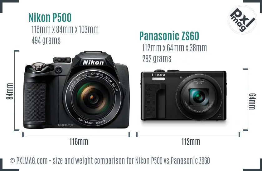 Nikon P500 vs Panasonic ZS60 size comparison