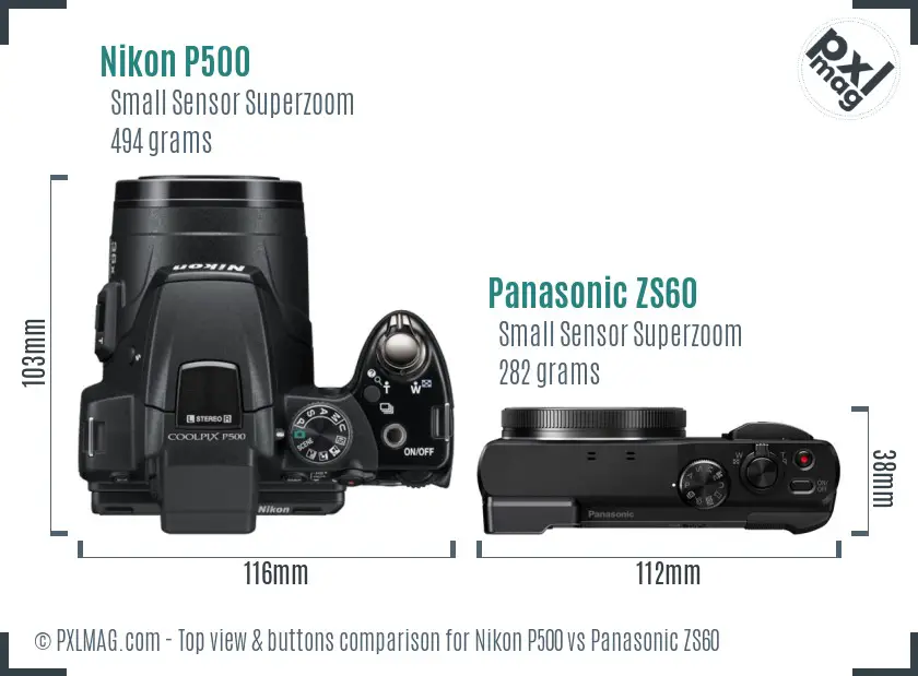 Nikon P500 vs Panasonic ZS60 top view buttons comparison