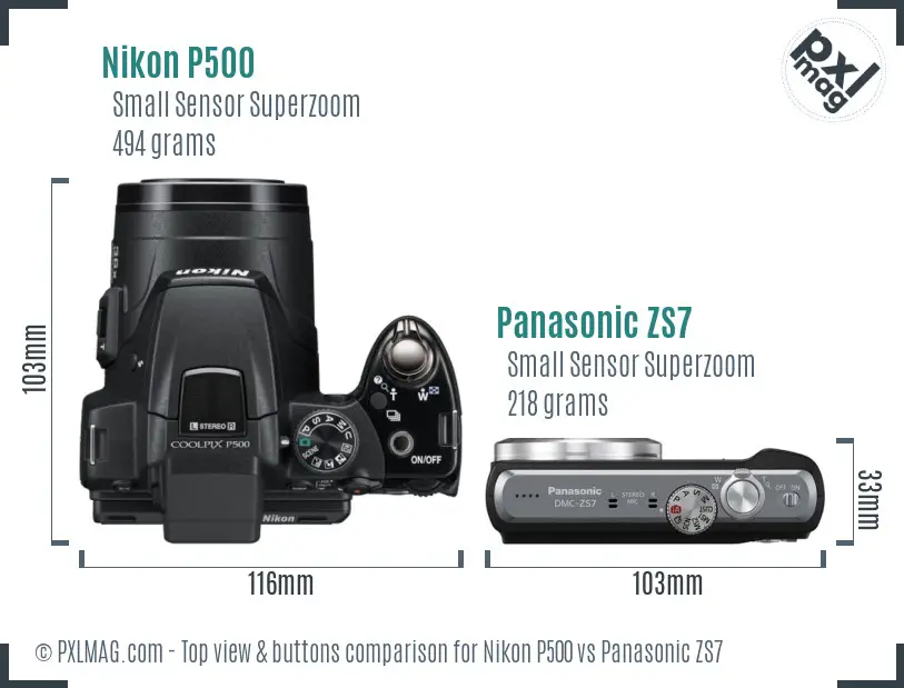 Nikon P500 vs Panasonic ZS7 top view buttons comparison Nikon P500 vs Panasonic ZS7 top view buttons comparison