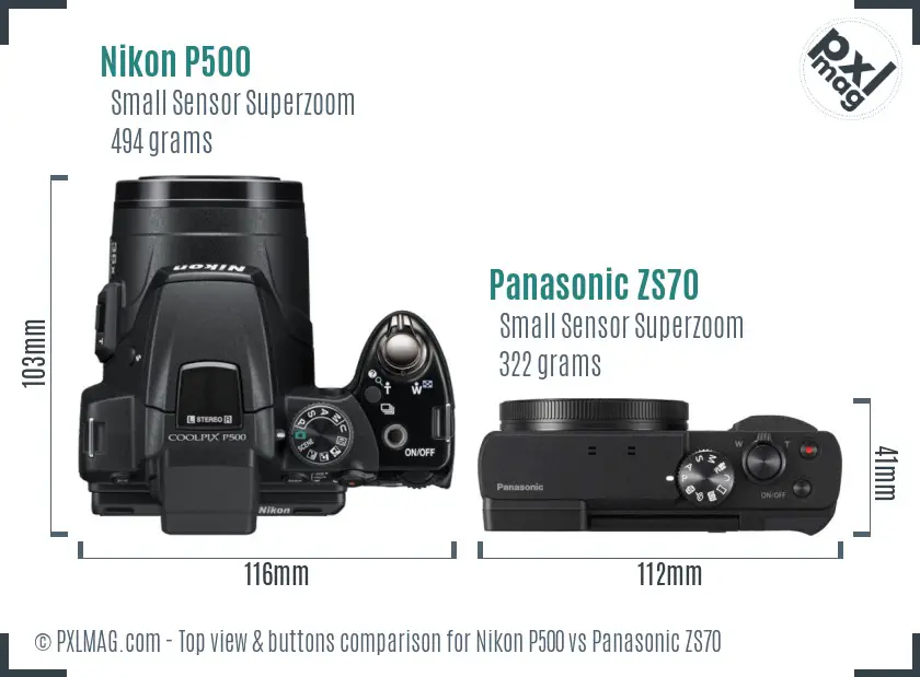Nikon P500 vs Panasonic ZS70 top view buttons comparison