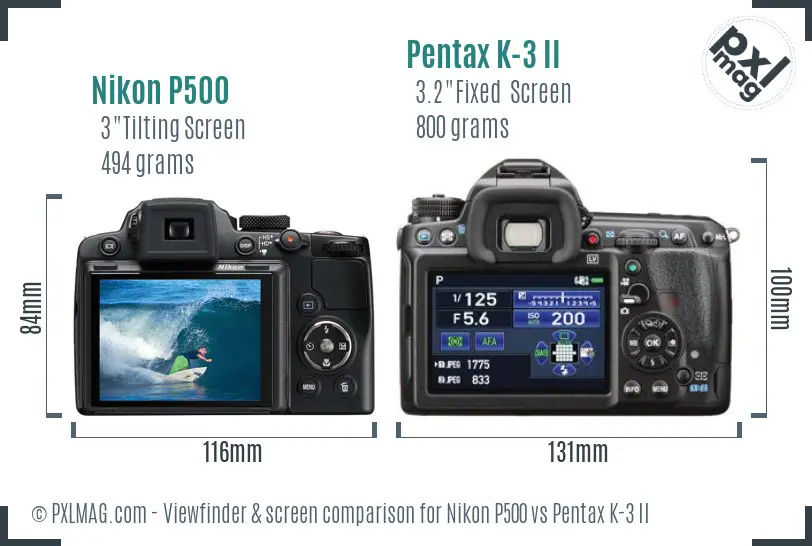 Nikon P500 vs Pentax K-3 II Screen and Viewfinder comparison