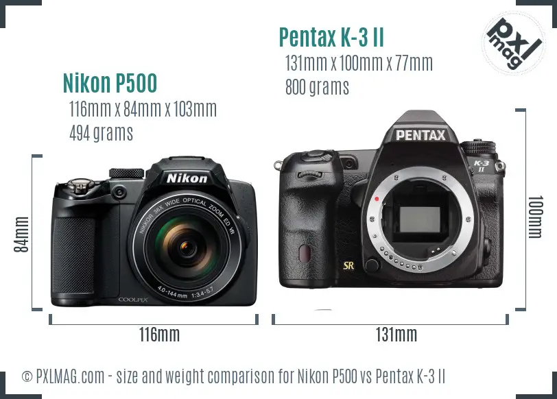 Nikon P500 vs Pentax K-3 II size comparison