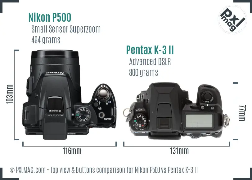 Nikon P500 vs Pentax K-3 II top view buttons comparison