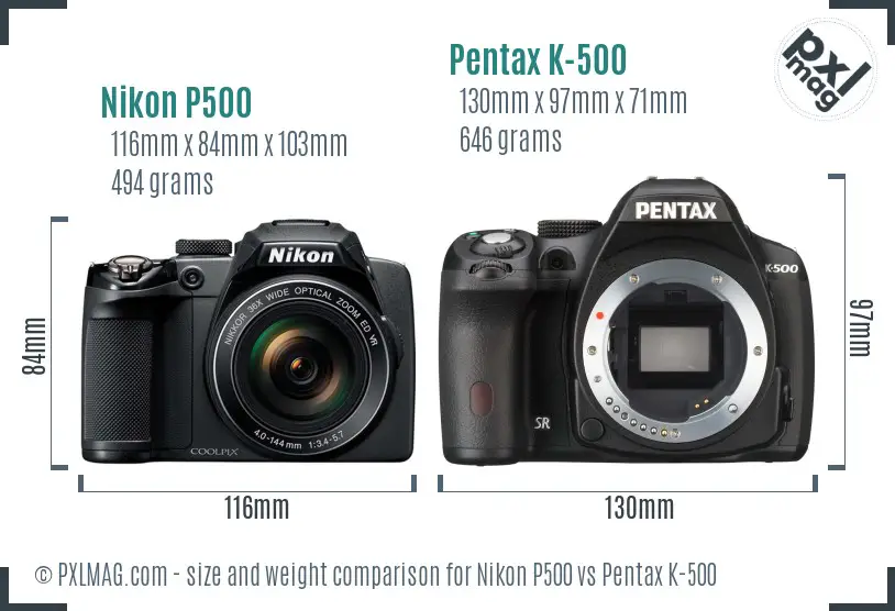 Nikon P500 vs Pentax K-500 size comparison Nikon P500 vs Pentax K-500 size comparison