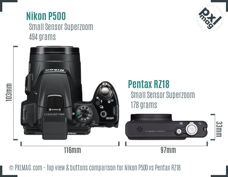 Nikon P500 vs Pentax RZ18 top view buttons comparison