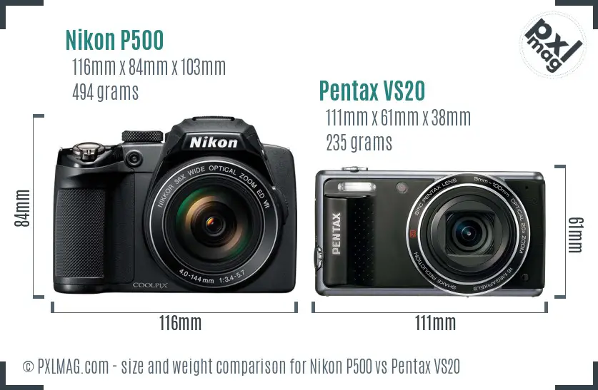 Nikon P500 vs Pentax VS20 size comparison