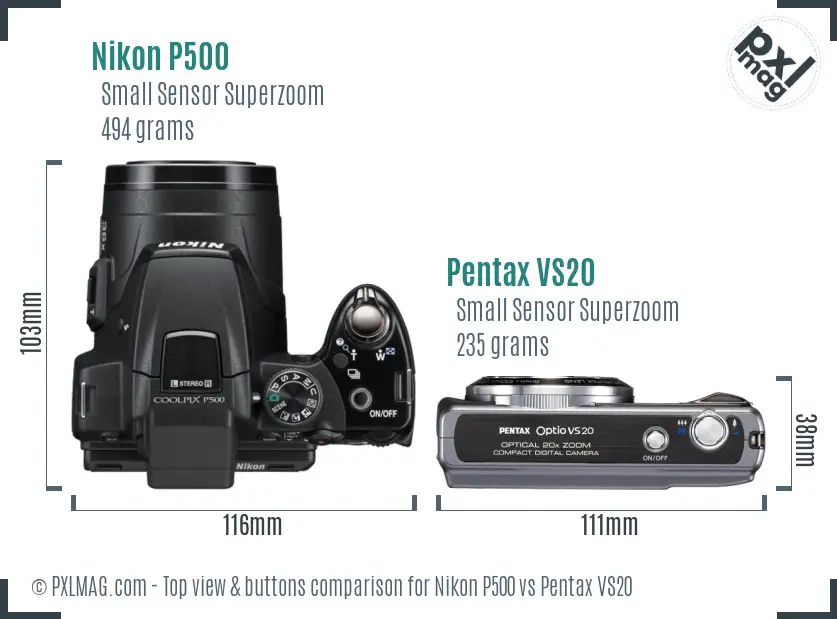 Nikon P500 vs Pentax VS20 top view buttons comparison