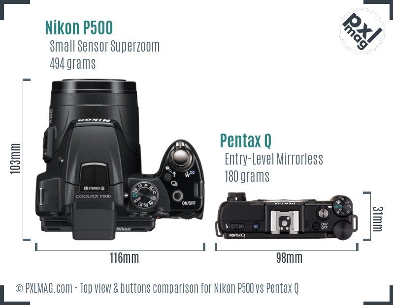 Nikon P500 vs Pentax Q top view buttons comparison