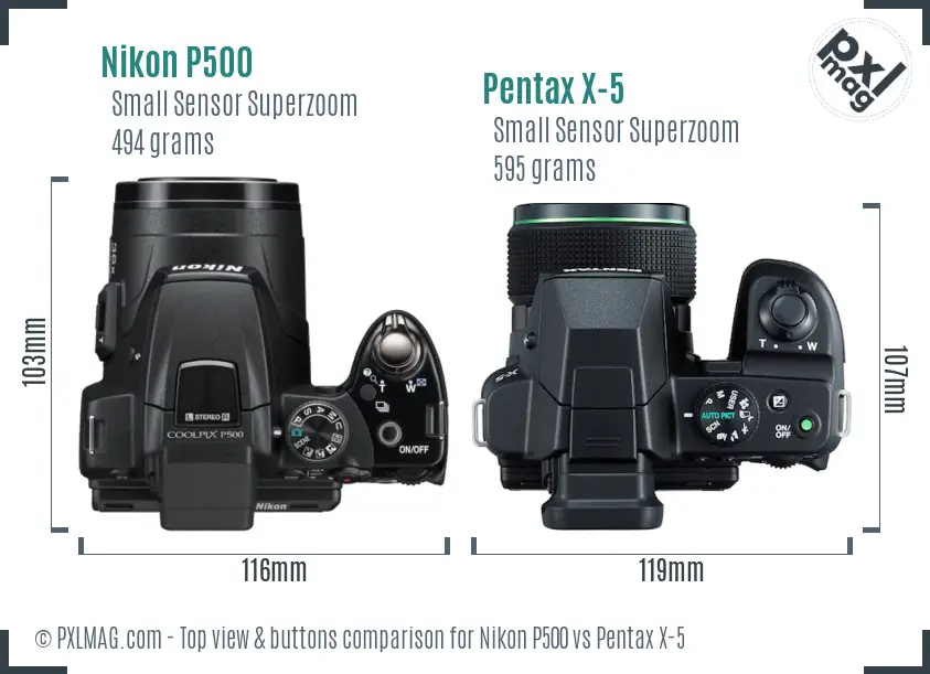 Nikon P500 vs Pentax X-5 top view buttons comparison Nikon P500 vs Pentax X-5 top view buttons comparison