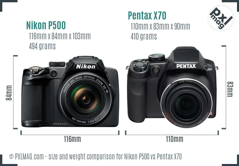 Nikon P500 vs Pentax X70 size comparison